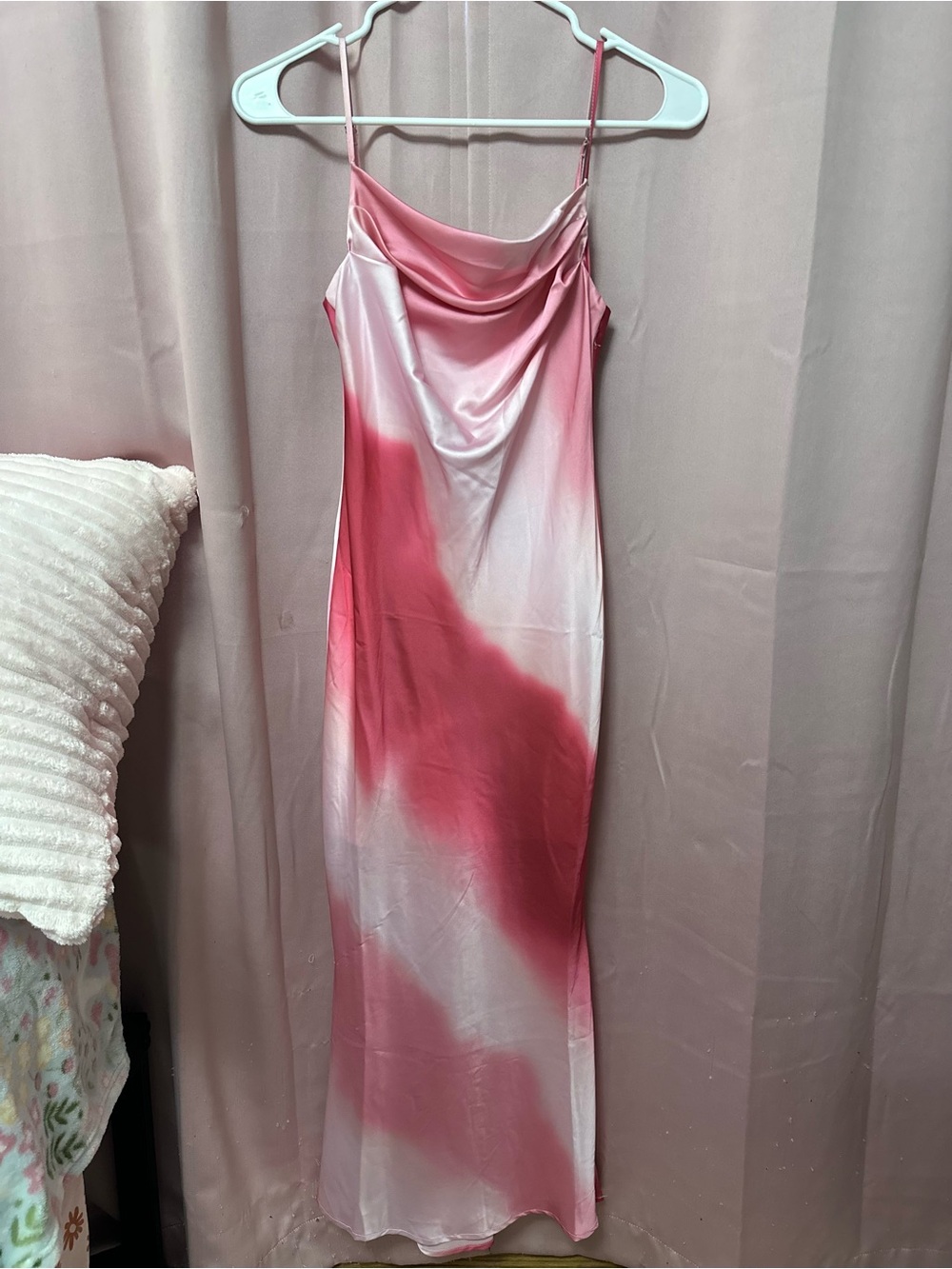 Fashion Nova Pink Ombre Satin Cowl Neck Maxi Dress